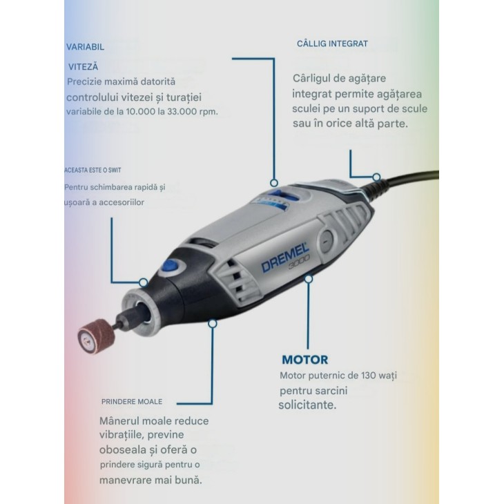 Multifunkciós körkéses szerszám, Dremel 3000, 130 W teljesítmény, 1 tartozék tartozékkal, Vágás, Csiszolás, Gravírozás és Polírozás