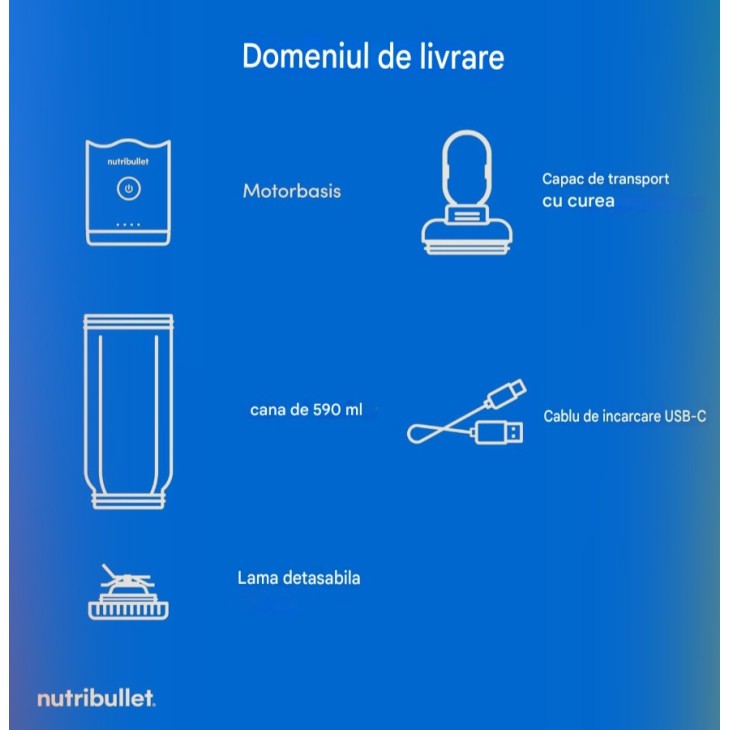 NutriBullet Flex hordozható turmixgép 590 ml, USB-C, jégzúzóval, levehető pengével, elvitelre alkalmas fedéllel, BPA-mentes, NBP013VT, lila