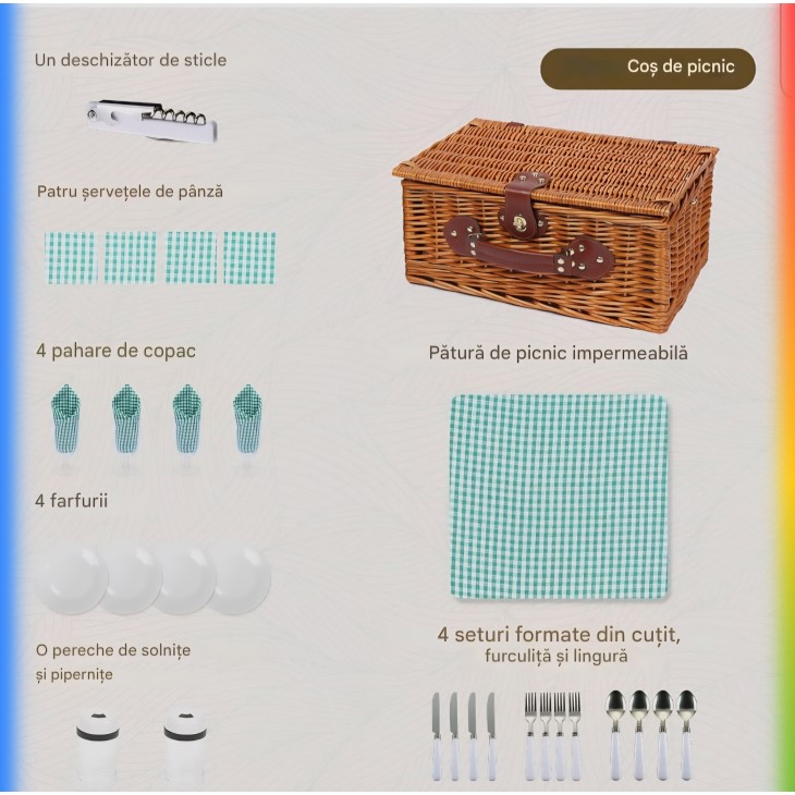 Kézzel készített fonott piknikkosár, Willow Weave GC-02, 4 személyes, szigetelt rekesszel, vízálló takaróval, komplett evőeszközkészlettel, levehető pánttal, ideális kempingezéshez, strandoláshoz, túrázáshoz, grillezéshez, családi ajándék