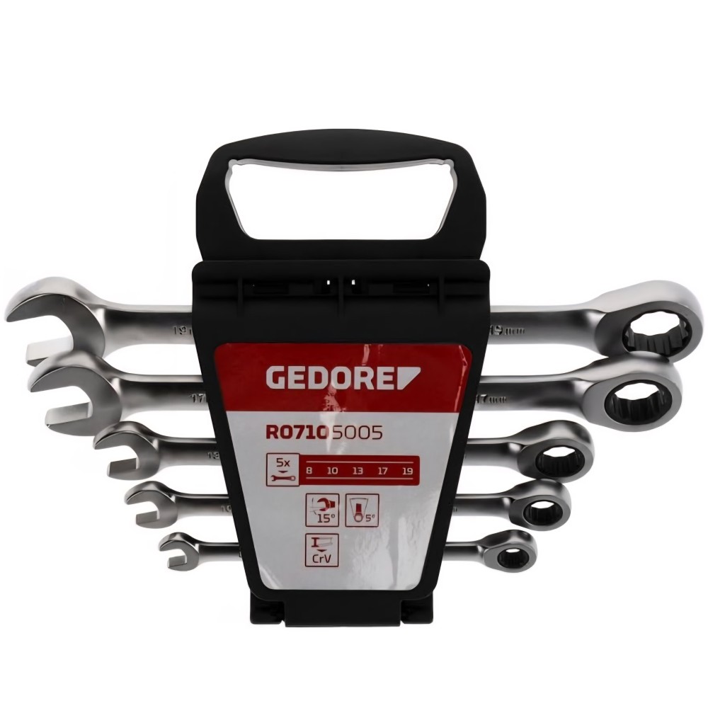 GEDORE 5 részes racsnis csillagkulcs készlet R07105005, 8–19 mm, 72 fogú mechanizmus, 15°-os szög, króm-vanádium acél, szatén krómozású