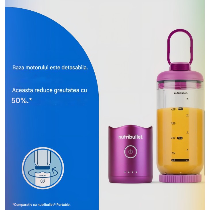 NutriBullet Flex hordozható turmixgép 590 ml, USB-C, jégzúzóval, levehető pengével, elvitelre alkalmas fedéllel, BPA-mentes, NBP013VT, lila