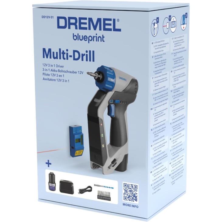 Akkus fúró és csavarhúzó, Dremel Blueprint, 12 V-os akkumulátor, vonallézer, fúró- és bitkészlet