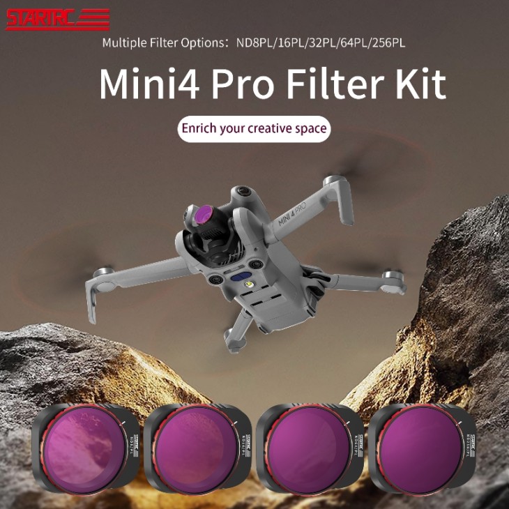 Professzionális készlet 4 STARTRC márkájú szűrőből a DJI Mini 4 Pro drónokhoz, ND4/PL, ND8/PL, ND64/PL, ND256/PL